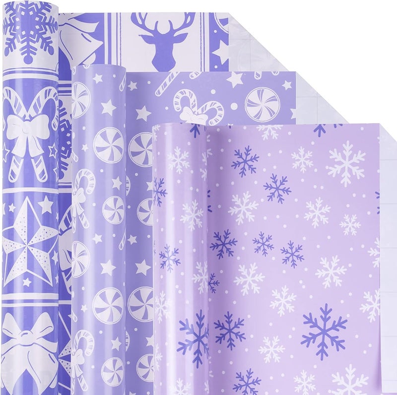 LeZakaa Christmas Wrapping Paper Mini Roll - Bell & Tree/Candy Canes/Snowflakes Design in Light Purple for Gift Wrap, Arts Crafts - 17 x 120 inches - 3 Rolls (42.5 sq.ft.ttl.) - Image 1
